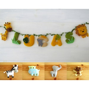 Felt jungle animal first name garland. Wall decoration Personalized door plate for children's room.