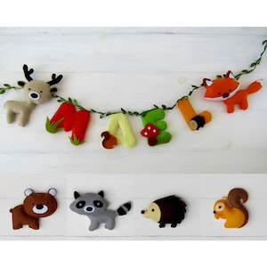 Ghirlanda con nome in feltro, animali della foresta, decorazione da parete, cartello personalizzato per porta, per cameretta bambini, regalo fatto a mano per neonati