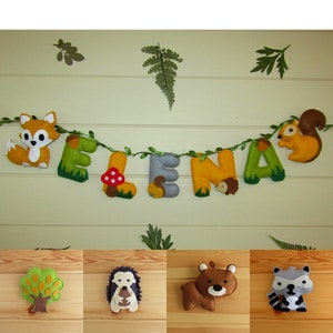 Ghirlanda con nome in feltro, animali della foresta, decorazione da parete, cartello personalizzato per porta, per cameretta bambini, regalo fatto a mano per neonati