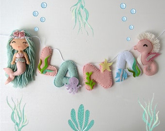 Mermaid felt first name garland and mythical Fairy seahorse. Wall decoration Personalized door plaque for children's room.