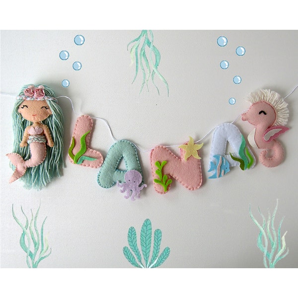 Guirlande prénom feutrine sirène et hippocampe Fairy mythique. Décoration murale Plaque de porte personnalisée pour chambre Enfant.