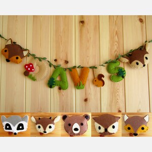 First name garland felt animals of the forest. Wall decoration. Personalized door plate for Baby children's room.