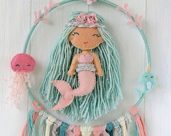 Handmade mermaid dreamcatcher, baby girl room decoration, pastel boho decor, baby girl gift, children's wall decor with a marine theme