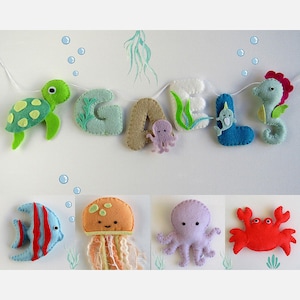 Guirlande prénom personnalisée thème mer – Décoration chambre enfant, animaux marins en feutrine, cadeau naissance, baptême, baby shower