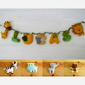Ghirlanda con nomi di animali della giungla in feltro Decorazione da parete Targa personalizzata per porta per cameretta bambini Regalo fatto a mano