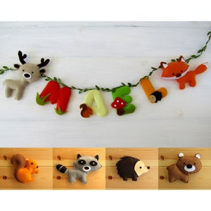 Felt first name garland for forest animals. Wall decor. Personalized door plaque for baby children's room.