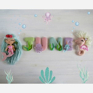Felt name garland mermaid and seahorse mythical fairy Wall decoration Personalized door sign for children&#39;s room handmade