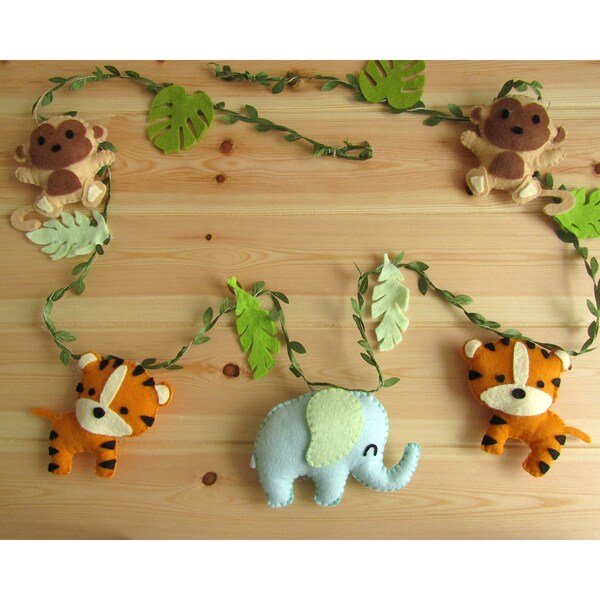 Guirlande animaux de la savane (tigres,singes,éléphant) en feutrine Décoration murale chambre enfant bébé. Naissance Anniversaire