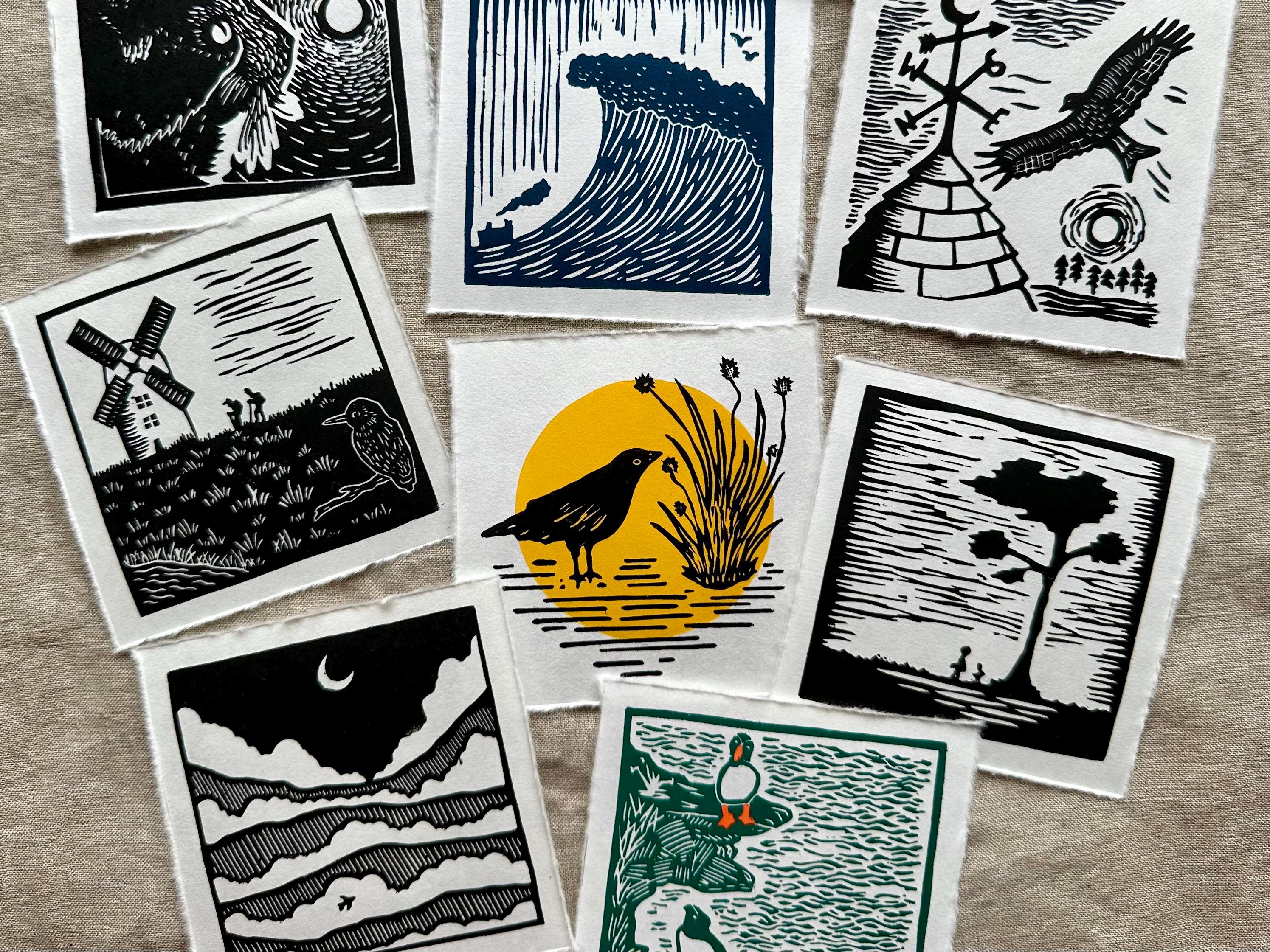 Mini linocut print collection of original hand printed designs