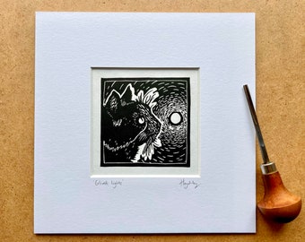 Linoprint 'Ghost lights’ | original linocut print block cat kitty candle animal illustration