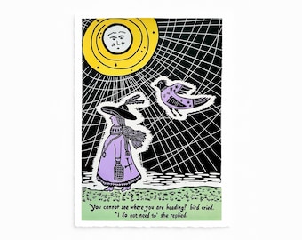 Witch storybook limited edition linocut print with moon and bird