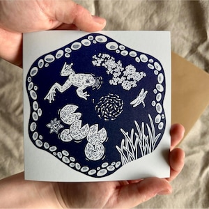 Carte de voeux linogravure étang et grenouille