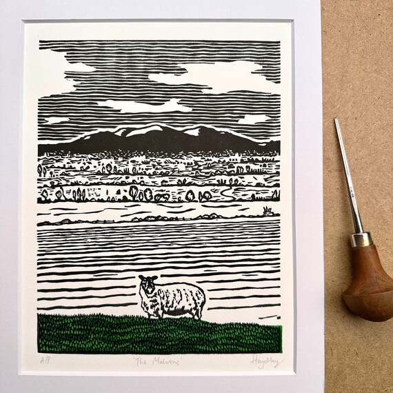 The Malvern Hills linocut print limited edition Worcestershire landscape sheep art