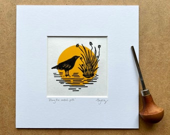 Linocut print 'Along the coastal path' Welsh blackbird linoprint nature inspired seaside art original