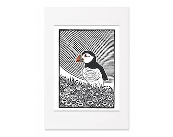 Puffin hand painted limited edition linocut print