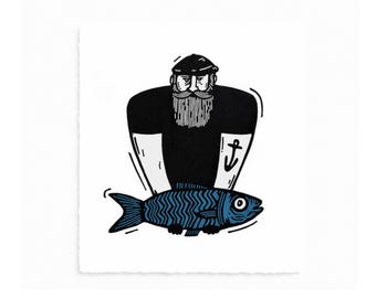 Sailor fisherman original linocut print limited edition