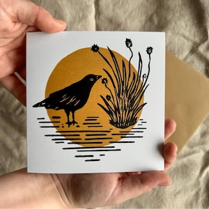 Carte de voeux recyclée Blackbird soleil linogravure