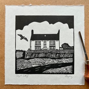 Linocut print 'Seagull Cottage' | original lino print coastal holiday cottage Wales inspired art