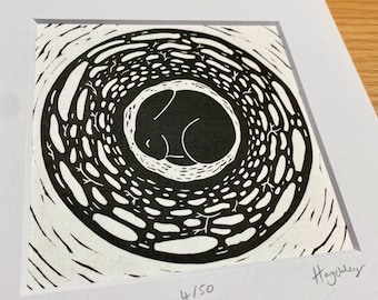 Linocut print 'Hibernate' limited edition in square mount | animal block print sleeping rabbit bunny