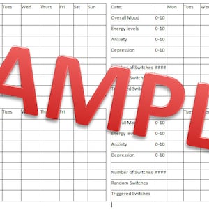 May include: A white chart with a grid layout for tracking daily moods, energy levels, anxiety, and depression, with the red word "SAMPLE" overlaid. The chart includes sections for recording data from Monday to Sunday.