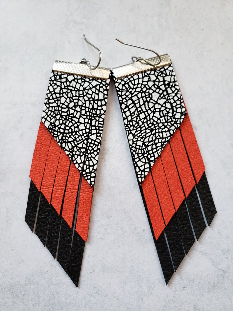 red black white fringe earrings large leather earrings big colorful geometric earrings Black and orange red tassel earrings