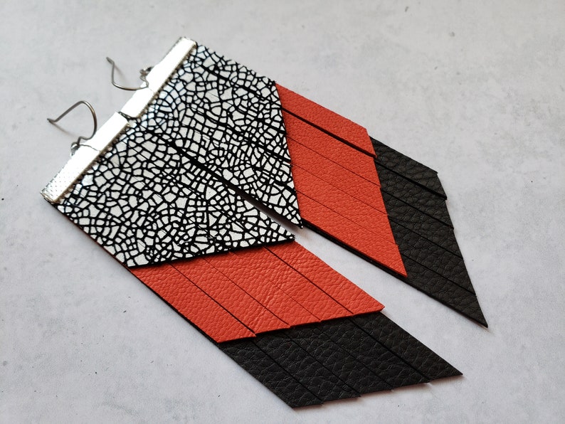 red black white fringe earrings large leather earrings big colorful geometric earrings Black and orange red tassel earrings