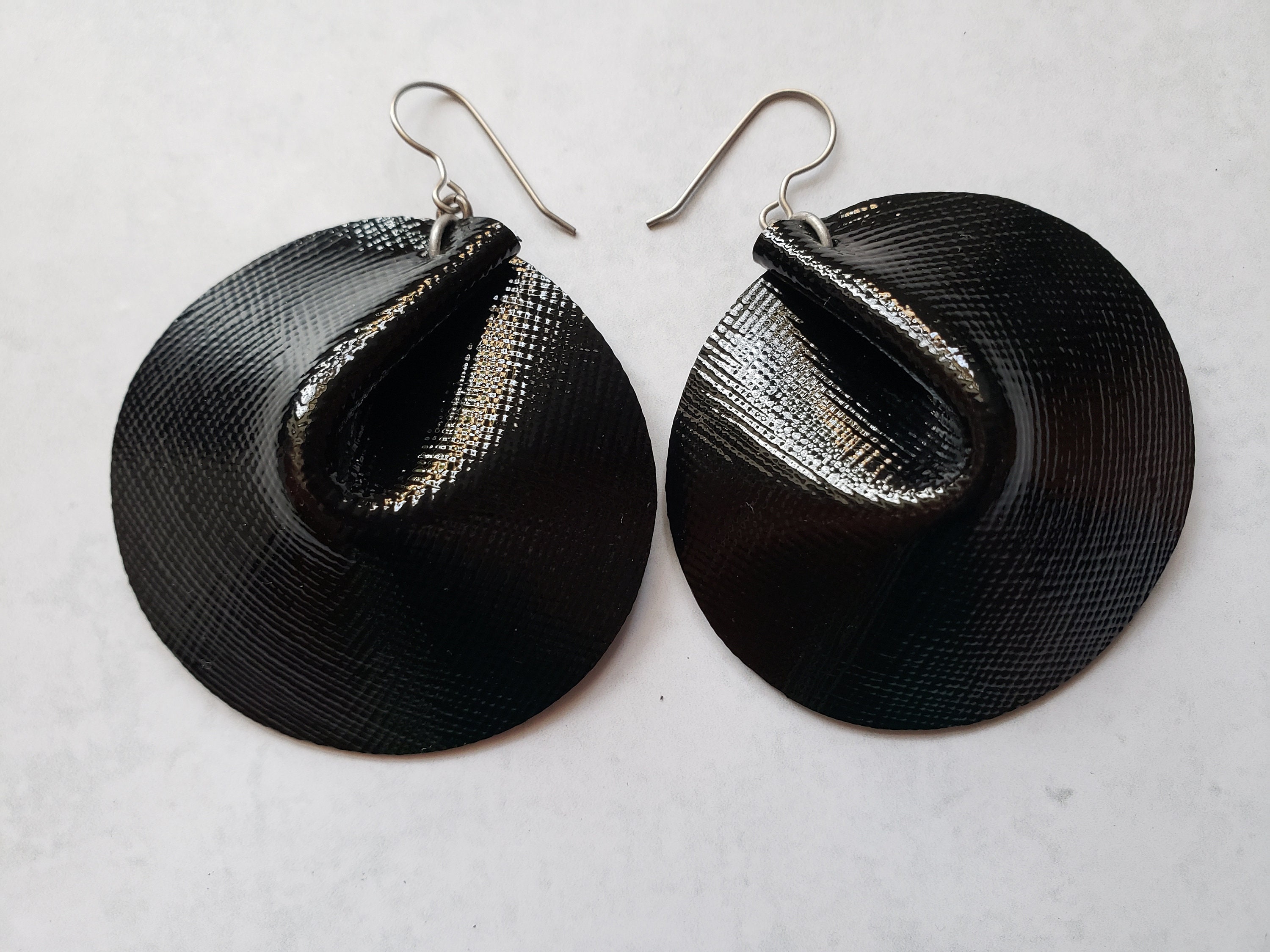 Black Round Earrings Black Disc Earrings Large Black Leather Etsy UK
