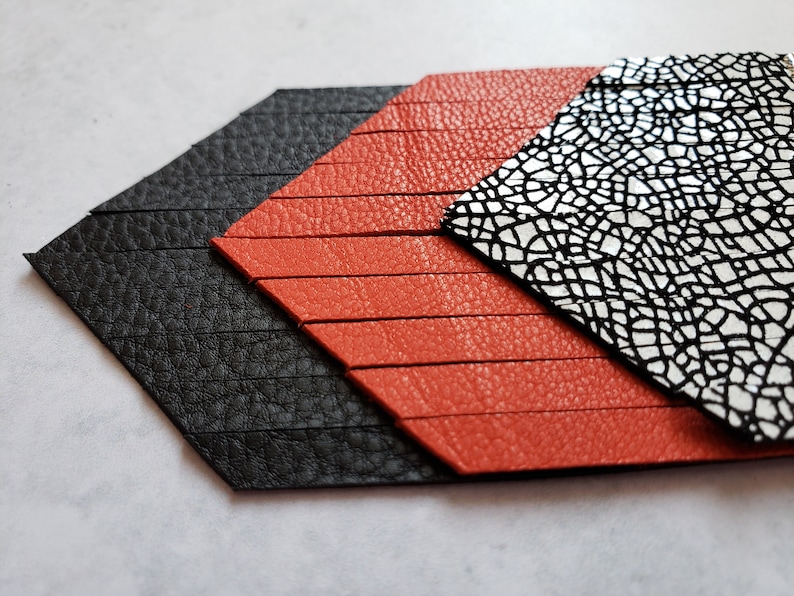 red black white fringe earrings large leather earrings big colorful geometric earrings Black and orange red tassel earrings