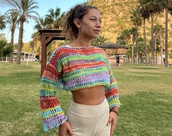 Handmade Multicolor Boho Mesh Crochet Macrame Crop Sweater One Size