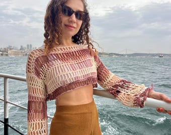 Handmade Boho Mesh Crochet Macramé Crop Top – Earthy Tones