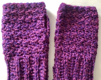 Hand made cosy warm crocheted purple fingerless gloves/wrist warmers