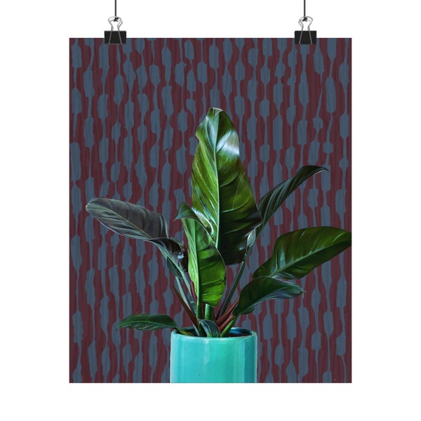 Rojo Congo Philodendron Poster Wall Art: Teal Pot con Royal Purple Wallpaper Perfección de planta moderna de mediados de siglo Cultivada en CA con amor