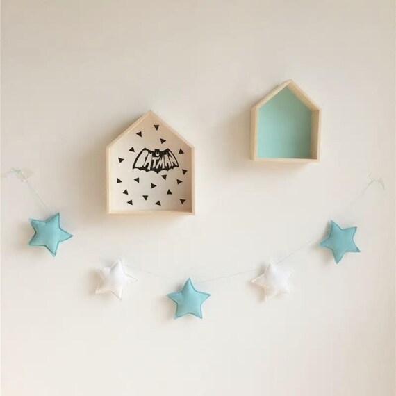 Handmade Turquoise Blue & White Stars Garland Wall Hanging Ideal for Nursery Kids Room Bedroom Baby Shower, Photo Prop
