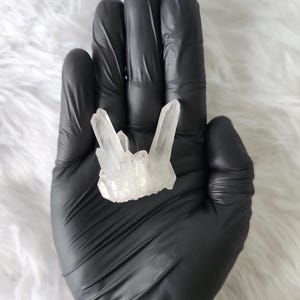 May include: A cluster of clear quartz crystals, held in a black gloved hand. The crystals are translucent with visible facets and points, reflecting light. The background is a soft, white, fluffy texture.