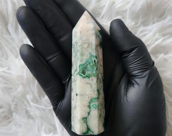 Green Flower & Pink Amethyst Agate Small Crystal Tower | Relaxation | Transformation | Protection | 6 Styles