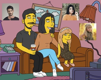 Gelbe Cartoon-Simpsons Portrait auf der Couch, Gelbes Cartoon-Porträt, Cartoon-Simpsons, Personalisiertes Paar-Simpsons-Geschenk