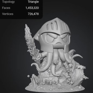 May include: A 3D-printed figurine of a knight with an octopus-like lower body. The knight wears a helmet and has an angry expression. The base of the figurine features coral and other sea elements. The image also includes data about the model's topology.