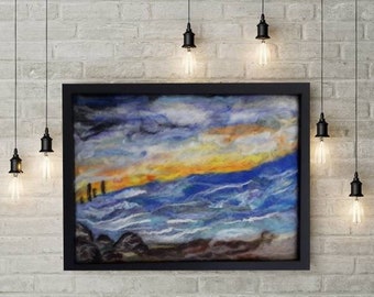 Wool painting,needle felt fibre picture , art wall hanging picture, textile painting,home decor painting,landscape sea painting,framed