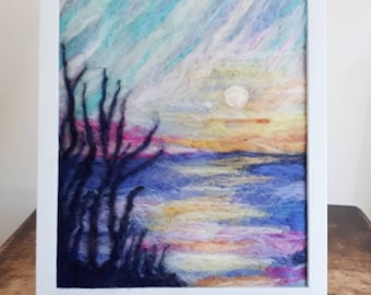 Wool painting ,needle felt fiber picture ,art wall hanging ,textile sunset painting,home decor painting,landscape,framed picture