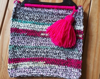 Boho Hippie funky Sommer Handtasche, bunte häkeln Einkaufstasche mit Quaste, Boho Vintage häkeln Handtasche, Retro-Holz-Griff-Tasche,