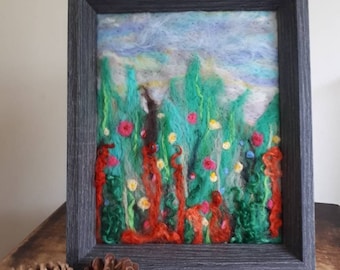 Wool painting,needle felt fiber picture,art flowers wall hanging,textile small painting,home decor painting,meadow framed picture,