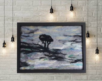 Wool painting,needle felt fibre picture,art wall hanging picture,textile painting,home decor painting,tree landscape painting, framed