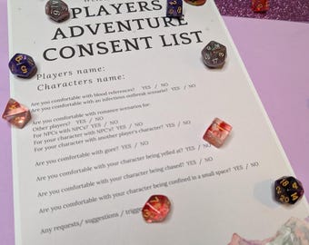 Pretty Printable Dungeon Players Consent List - Session 0/1 - RPG/ ROLEPLAY/ DND