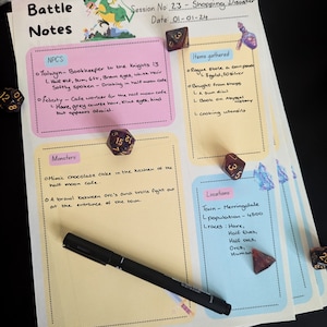May include: A pink and yellow sheet of paper with handwritten notes for a tabletop role-playing game. The notes include character descriptions, monster descriptions, and locations. The paper is decorated with dice and a small dragon illustration.