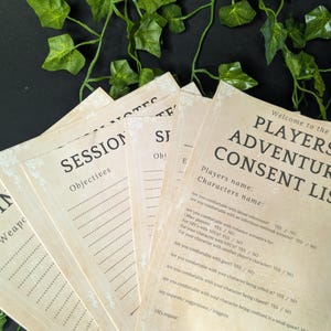 May include: A consent list for players in an adventure game. The list includes questions about comfort levels with various scenarios, such as blood references, infectious outbreaks, and gore. It also asks for any requests or triggers.