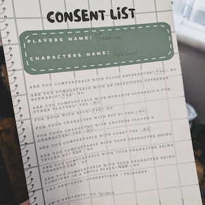 May include: A spiral-bound notebook with a grid pattern, titled "PLAYERS ADVENTURE CONSENT LIST." The list includes questions about comfort levels with various game scenarios. The player's name is Jessica, and the character's name is Karlach.