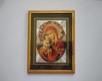 Retrato lenticular vintage de Jesús y María enmarcado, arte religioso holográfico vintage.