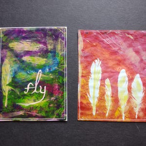 Fly - Feather Art Decals, monoprint feather art vinyl decals in green/purple or sunset colors