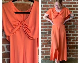 70s Orange Maxi Dress Flutter Sleeve