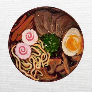 Arte de vinilo de ramen pintado a mano: decoración de pared de comida japonesa / Disco de vinilo reciclado de 30 cm / Ilustración de tazón de fideos / Regalo para la cocina y el hogar para amantes de la gastronomía